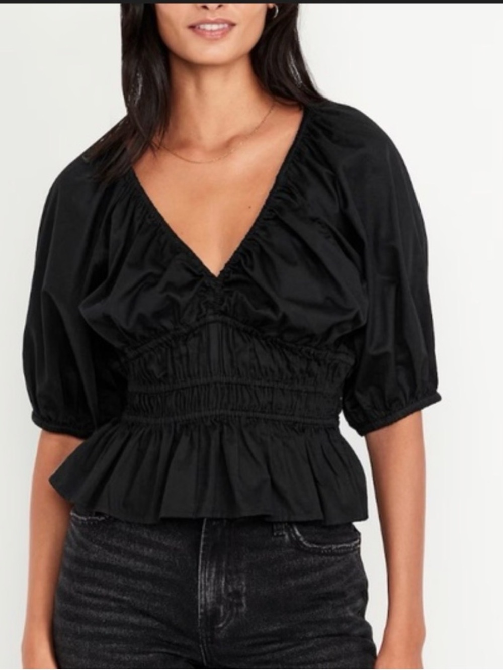 Old Navy Black Smocked Peplum V-Neck Blouse